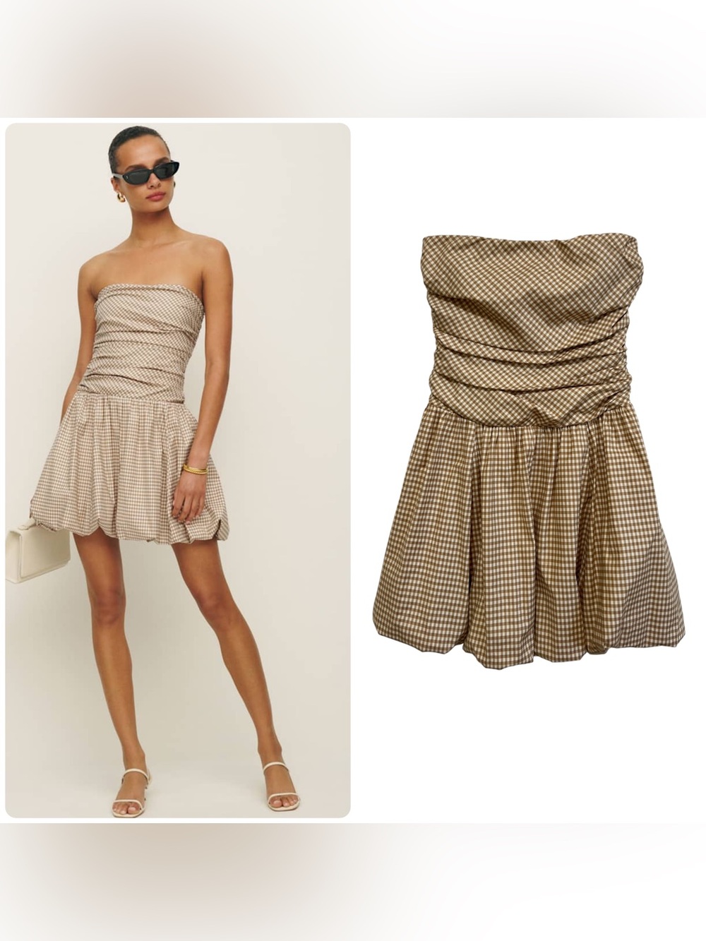 Reformation Clea Mini Dress Strapless Bubble-Hem Smocked in Anzo Check Size 2